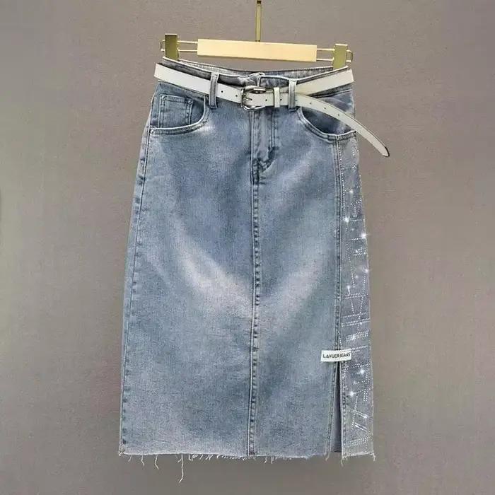 Femme jupe en jean taille haute jupes en jean pour femmes Midi paillettes V vêtements ventes qualité