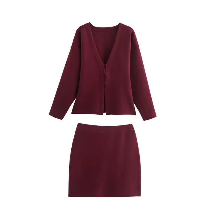 Ensemble veste tricotée et jupe courte, col en v, ensemble deux pièces à la mode pour les déplacemen