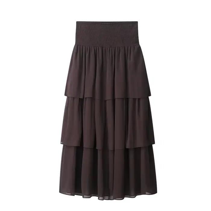 Vintage solide à plusieurs niveaux jupe longue femmes automne nouvelle taille haute élastique a-lign