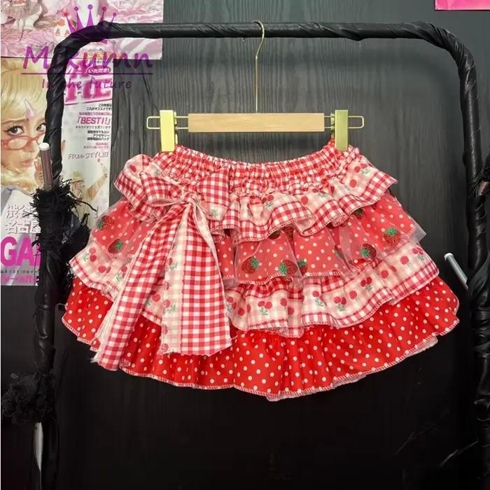 Mini-jupe japonaise Kawaii Lolita Mikumn pour femmes et filles, jupe à imprimé fraise Y2k, jupe à vo