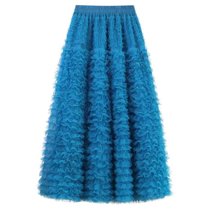 Jupe bouffante multicouche en maille style féerique français pour femme, taille haute, plissée en A,