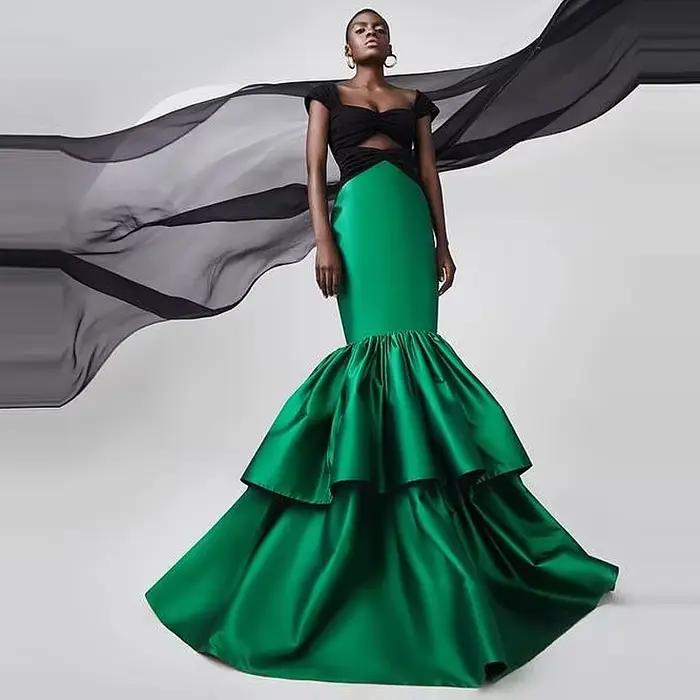 Jupe sirène en satin vert taille haute pour femme, jupe longue à plusieurs niveaux, sur mesure, vête
