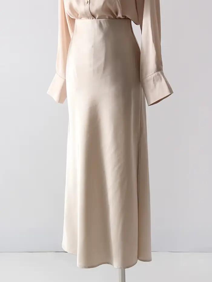 Jupe Longue Fendue en Satin Noir pour Femme, Maxi, Élégante, Ligne A, Bureau, Printemps Été 2025