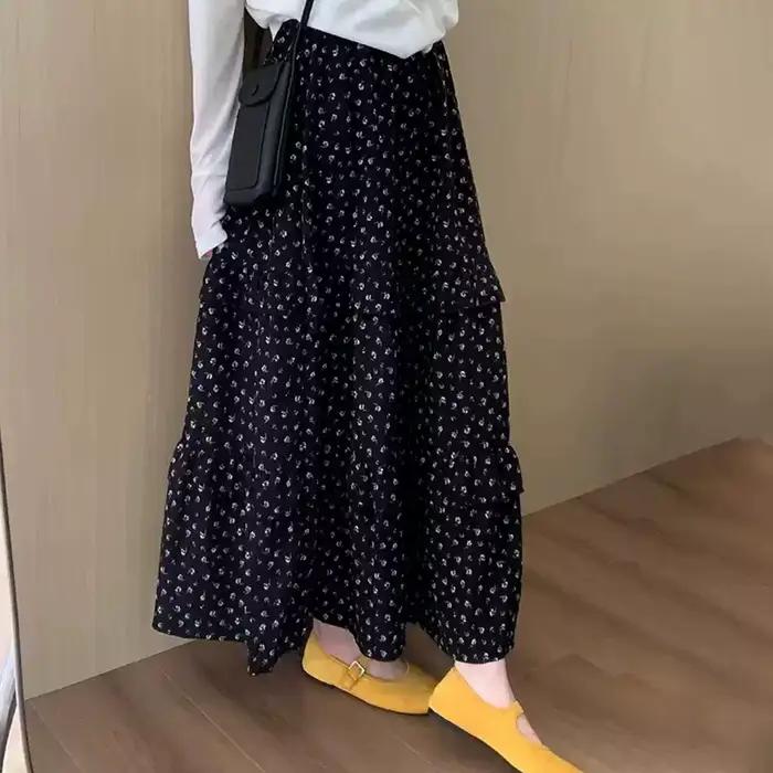 2026 Jupes pour femmes tendance, vintage, à motif floral, taille haute, coupe trapèze, amples, noire