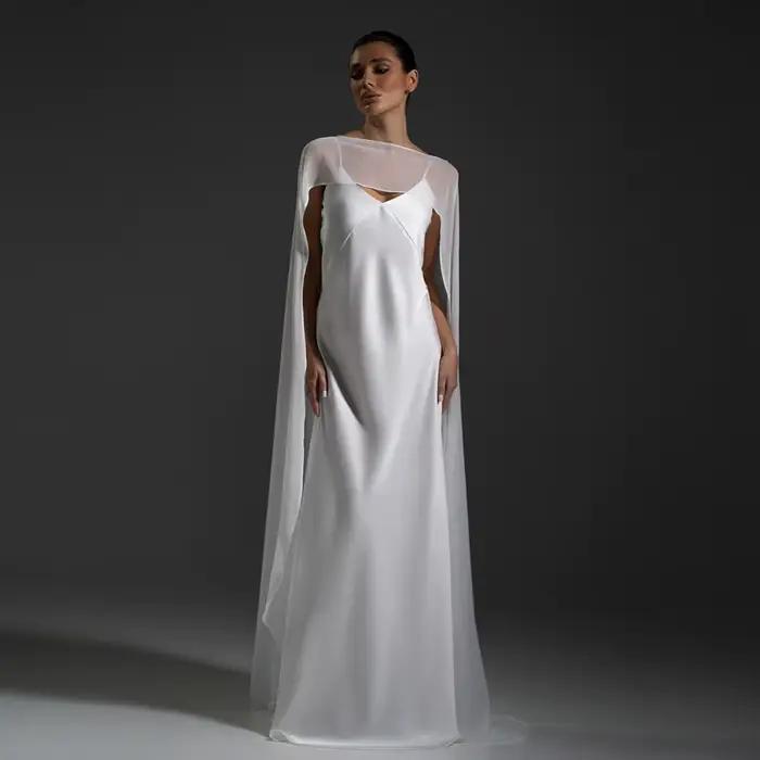 Robes de soirée de mariage en satin blanc avec cape transparente, décolleté en V profond, en taffeta