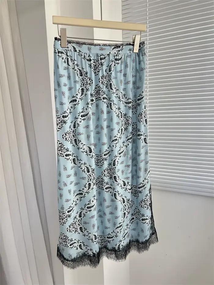 Jupe mi-longue pour femmes en viscose 100% avec empiècements en dentelle, taille haute élastique, im