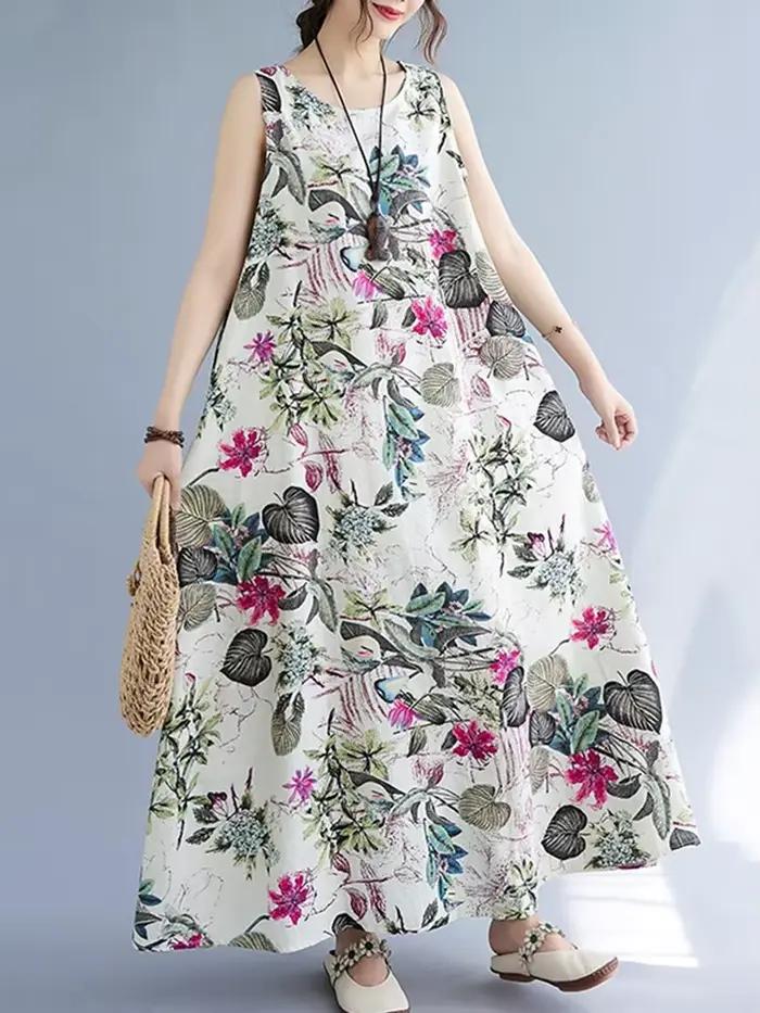 Robe longue décontractée maxi sans manches en coton et lin, motif floral vintage, nouvelle collectio