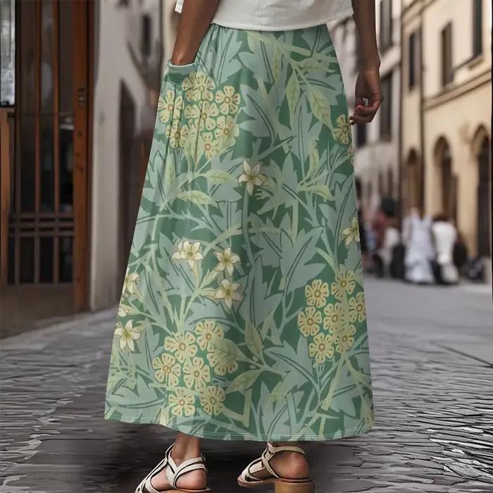 Jupe Maxi style Boho Chic, surdimensionnée, imprimé devant la paume, poches latérales, jupe de vacan