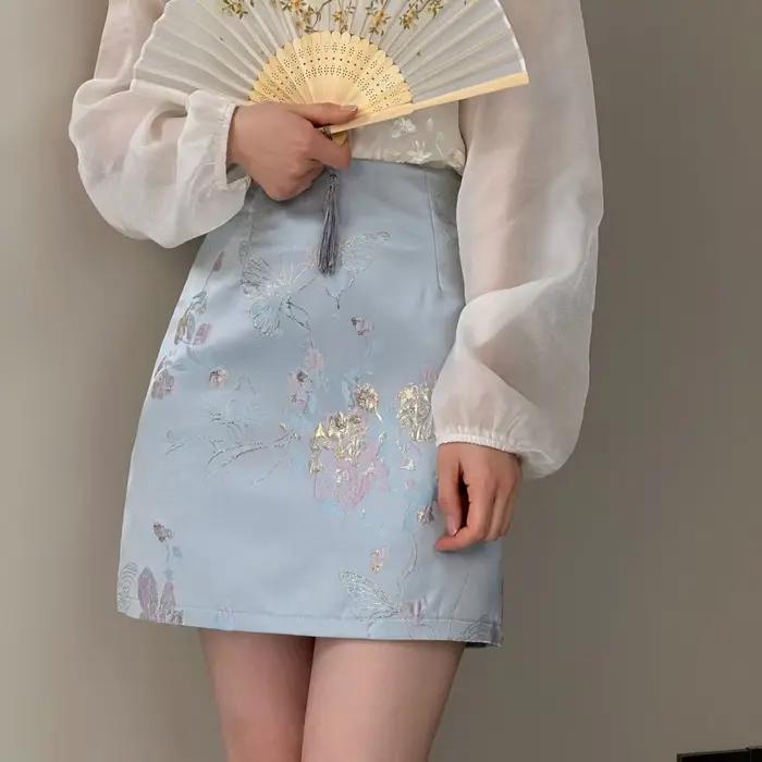 Jupe Jacquard Style Chinois 2026 pour Femme, Taille Haute, Coupe Trapèze, Broderie, Jupe Courte Couv