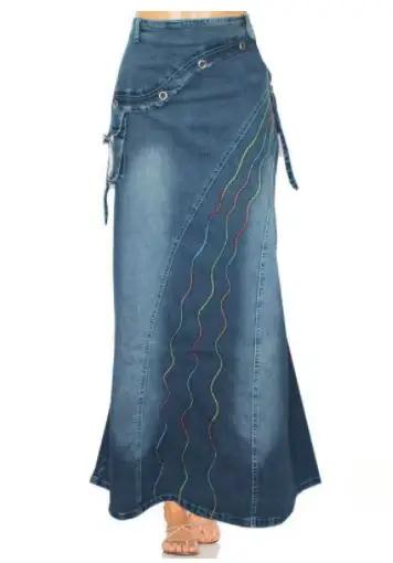 Jupe longue taille haute en denim pour femme, imprimé vintage, tempérament, patchwork, poche, grande