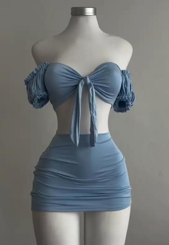 Une jupe courte deux pièces sexy et à la mode avec des manches bouffantes plissées évidées qui envel