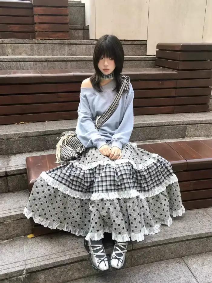 Jupes japonaises élégantes rétro à carreaux ondulés pour femmes, en dentelle, Patchwork, à volants, 