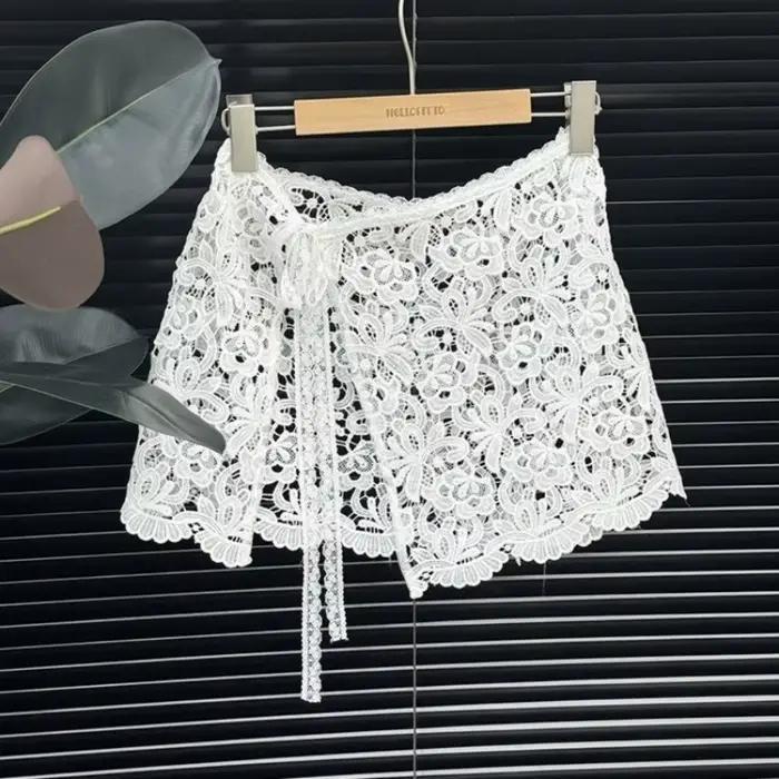 Jupe en dentelle de style coréen, design ajouré, micro-élastique, taille haute, coupe ajustée avec c