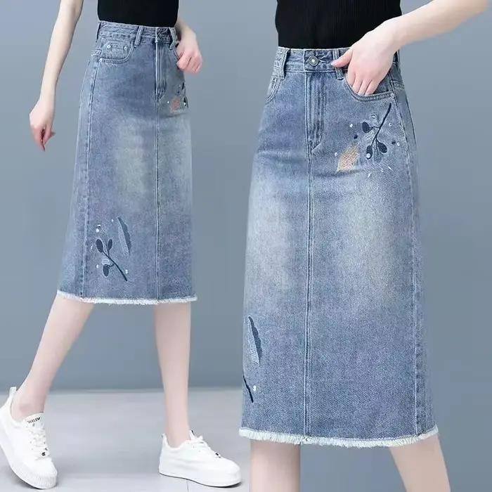 Jupes en jean femme taille haute bleu jupe en jean femme Midi broderie Premium esthétique Vintage dé