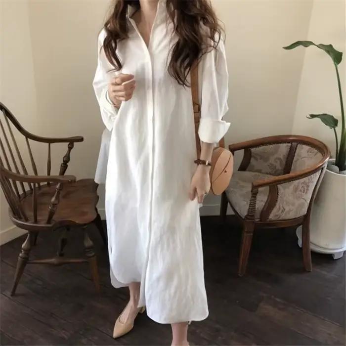 Robe chemise longue pour femmes, Style paresseux coréen, Simple, polyvalente, longue au dessus du ge