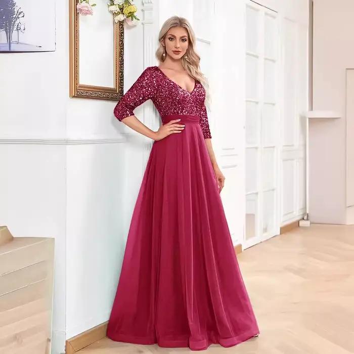 Robes de soirée en mousseline de soie pour femmes, manches mi-longues, robe de soirée trapèze, robes