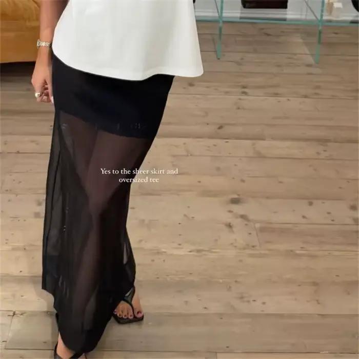 hirigin Jupe midi superposée en maille transparente pour femme, style minimaliste, ourlet garni, pol