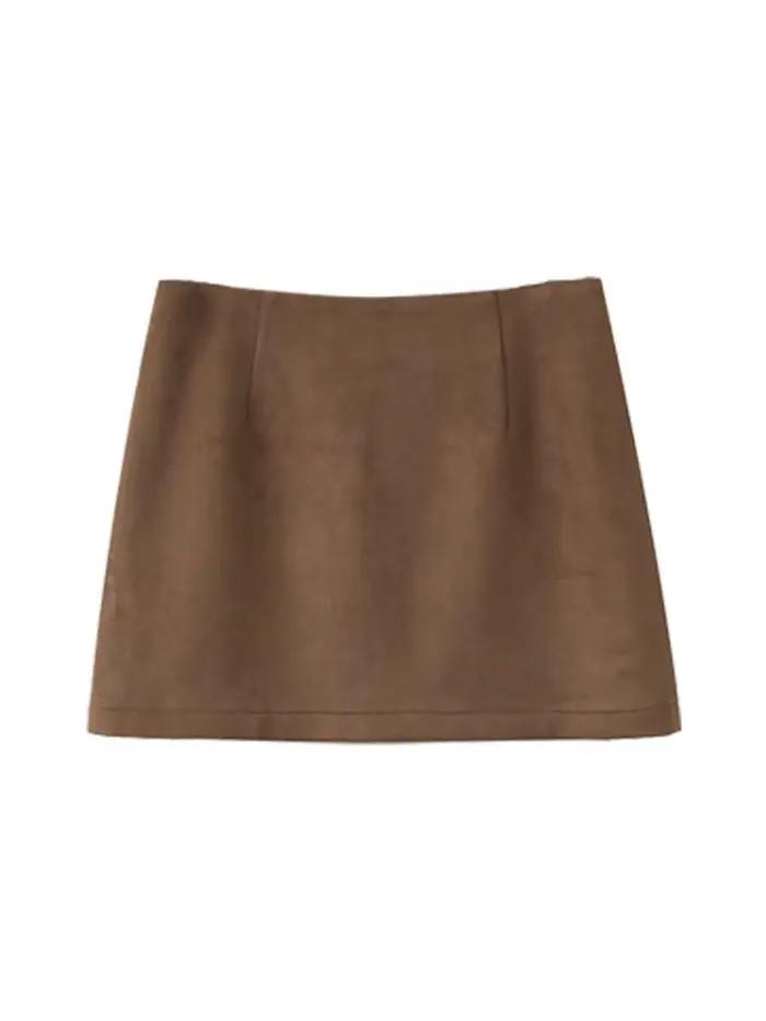 Mini jupe Vintage en daim pour banlieue, jupe crayon marron taille haute, tenue pour femme