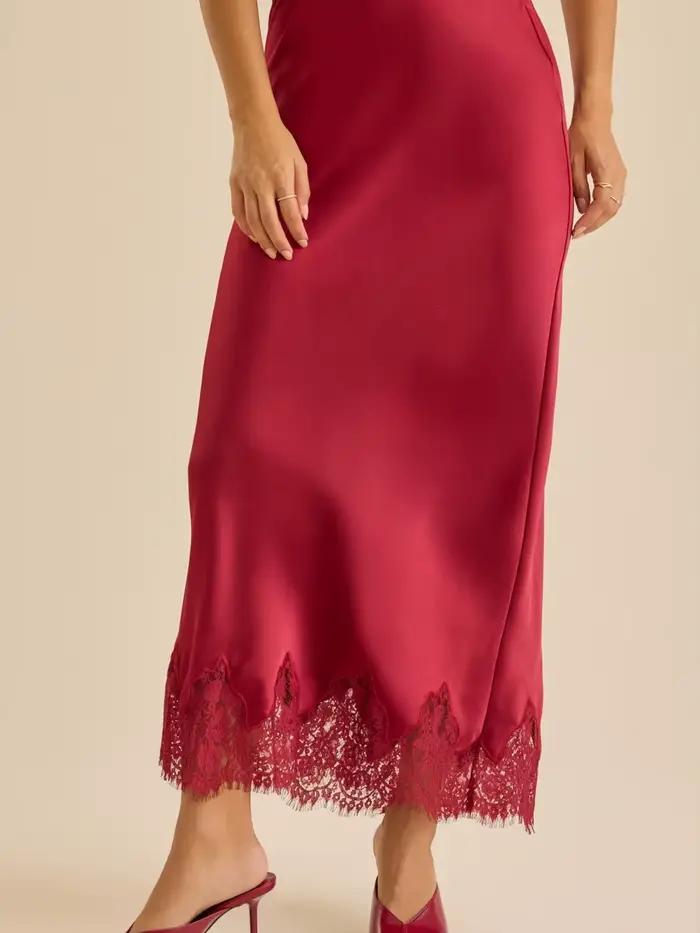 Femmes demi-glissement jupes longues dentelle garniture Satin jupe Midi une ligne fluide soyeux Maxi