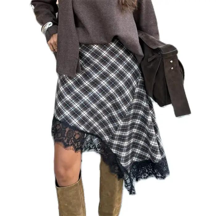 Jupe en dentelle à carreaux pour femmes, printemps été, décontractée, taille mi-haute, fermeture écl