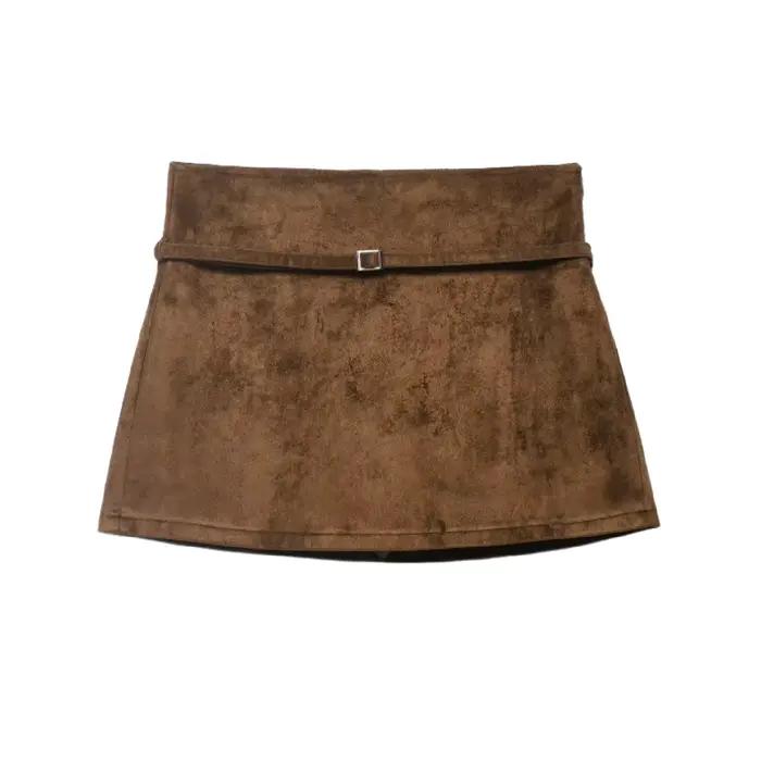 Jupe trapèze marron en daim taille haute amincissante pour femme avec ceinture, style rétro, mi-long