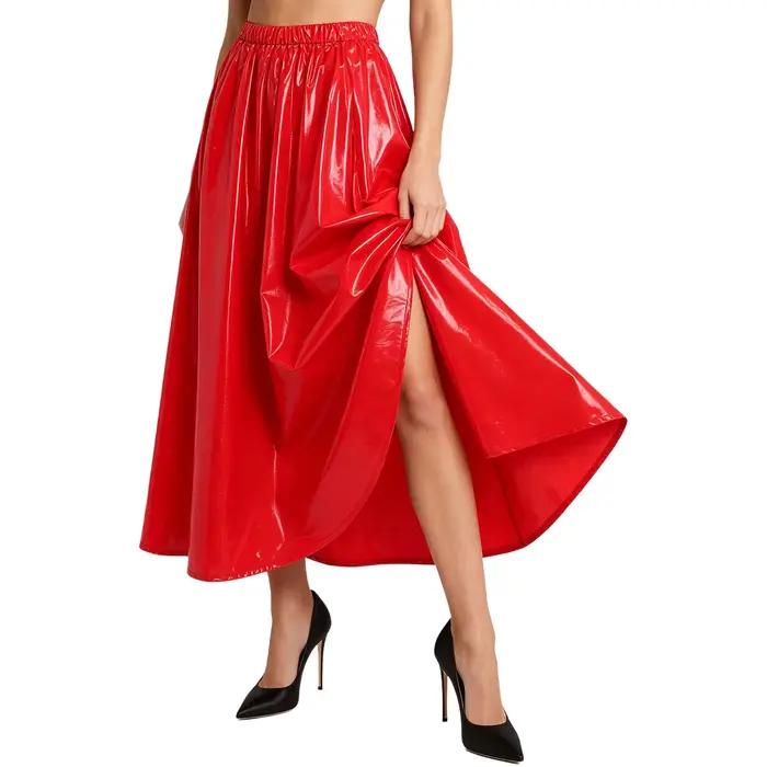 Jupe évasée taille haute pour femme en similicuir effet mouillé, jupe plissée coupe trapèze, jupe lo