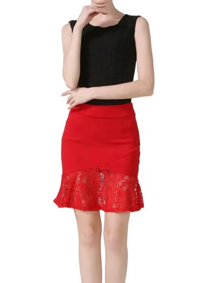 Jupe élastique taille haute pour femme, sexy, avec dentelle et ourlet queue de poisson