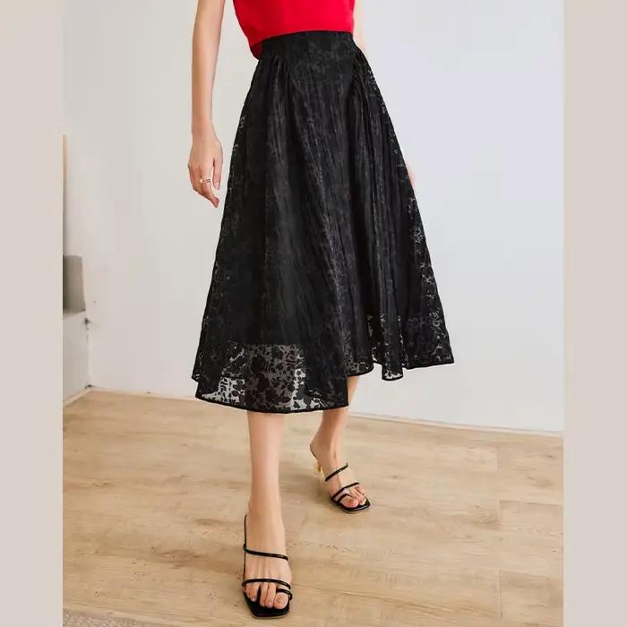 Jupe évasée OLrain été 2026 pour femme, élégante, vintage, taille haute, noire, jacquard, style para