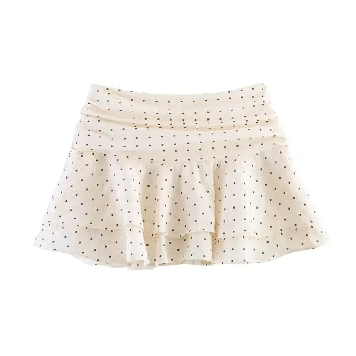 BSAY Nouvelle jupe-short beige à pois pour femme, taille haute, plissée, à volants, superposée, mini