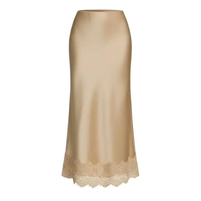 Jupe droite pour femme, taille haute élastique, en satin de soie et dentelle, jupe midi élégante pou