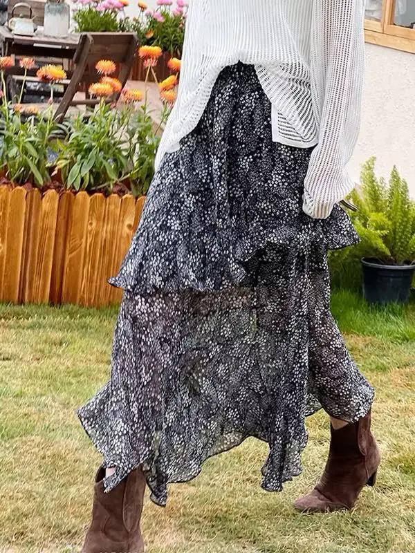 Jupe longue à fleurs d'été 2025, demi-jupe, jupe fendue mi-longue en mousseline de soie, taille haut