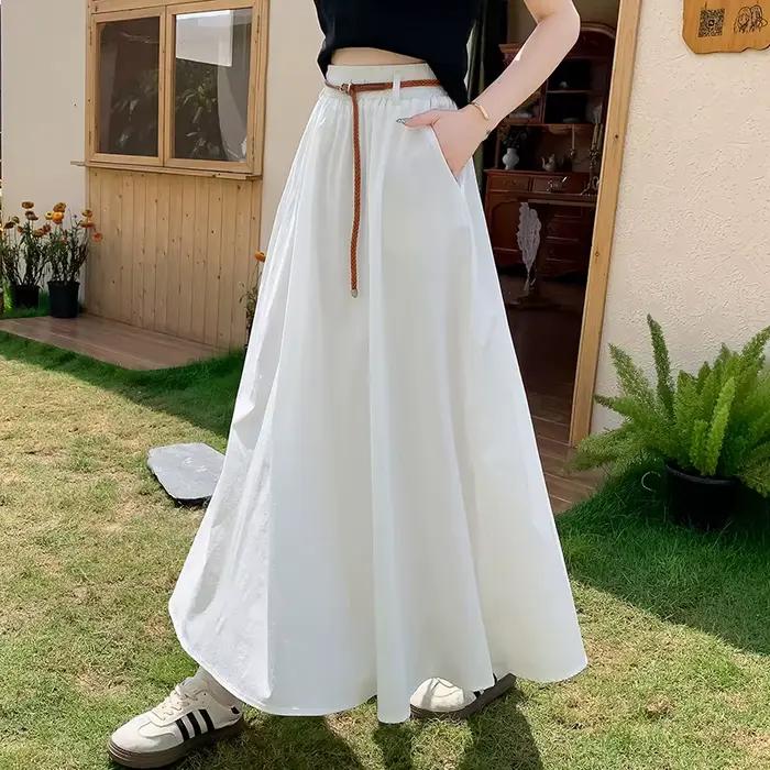 Jupe trapèze blanche avec ceinture pour femme, longue, taille haute, élastique, poche, vacances, pri