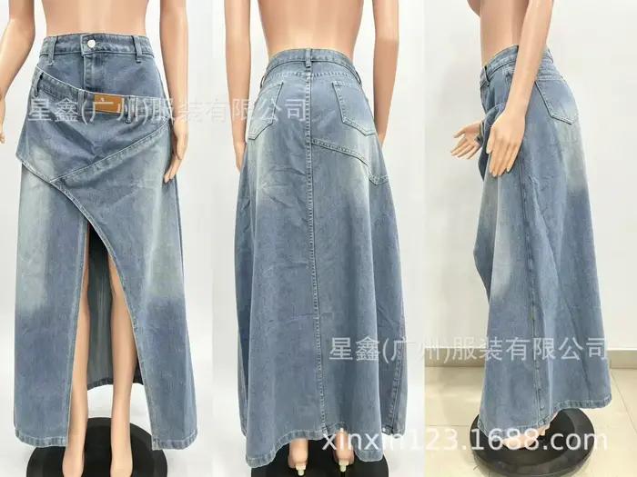 Jupe en jean taille haute à fente irrégulière, coupe trapèze, mode printemps-été