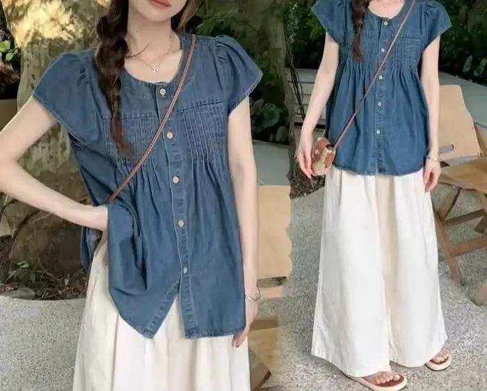 Chemise en jean pour femme, nouvelle collection été 2026, col rond, fine, ample, décontractée, polyv
