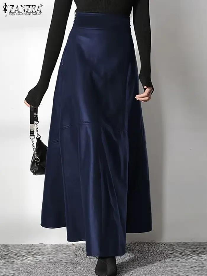 ZANZEA-Jupe longue en cuir PU pour femme, couleur unie, élégante, décontractée, taille haute, fermet