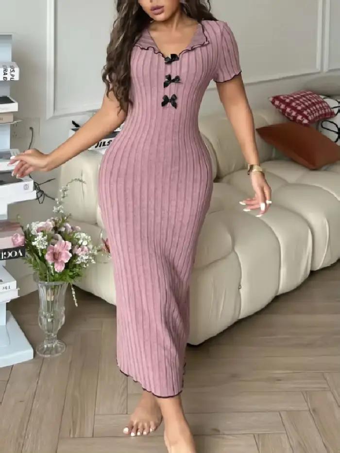 Robe longue élégante, confortable, ample et douce pour femmes, couleur unie, col en V, avec nœud, vê