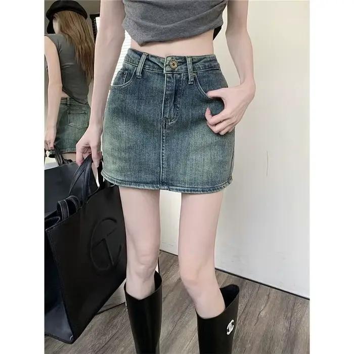 Jupe mini trapèze taille haute en jean rétro pour femme, style 'Spicy Girl', amincissante, anti-tran