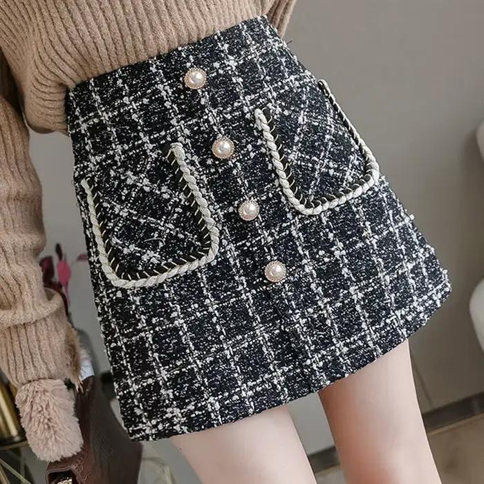 Jupe trapèze en laine florale grossière pour femme, demi-longueur, taille haute, courte amincissante