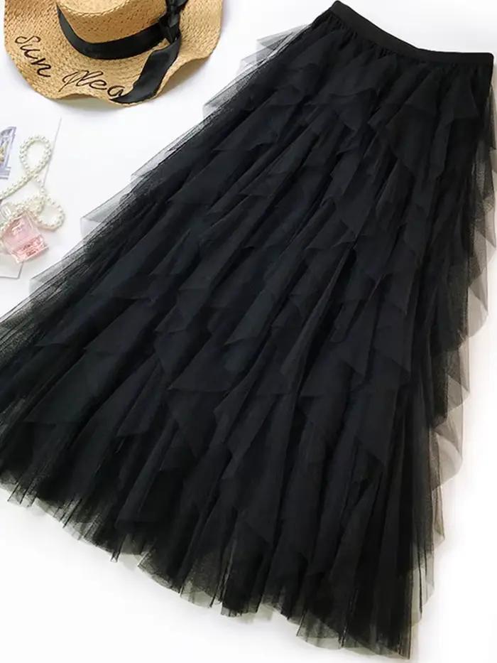 Mode Tutu Tulle jupe femmes longue Maxi jupe 2024 printemps été coréen noir rose taille haute jupe p