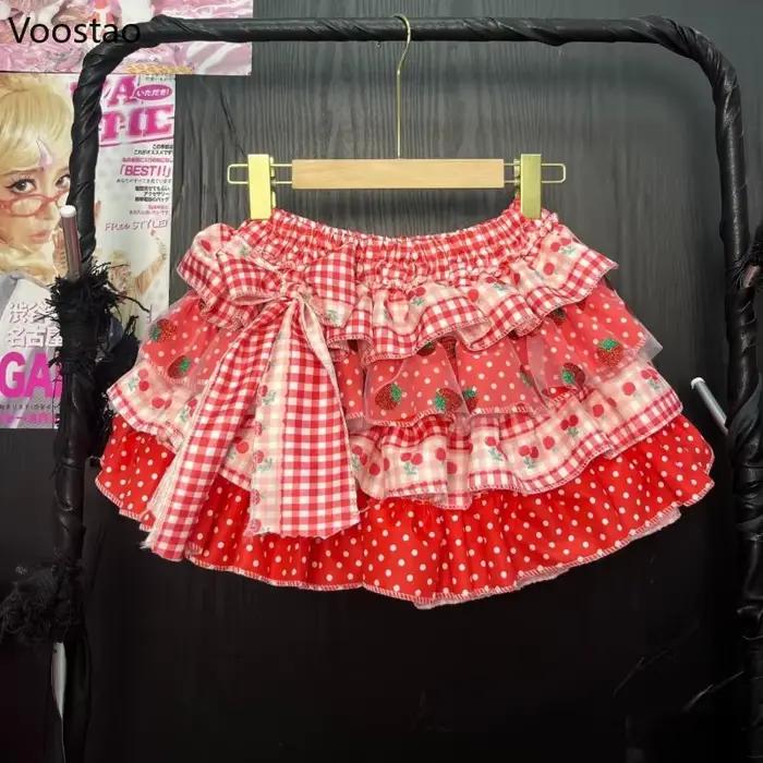 Mini jupe Style Lolita japonais Kawaii Y2k pour femmes, imprimé fraise douce, à volants, Punk, gâtea