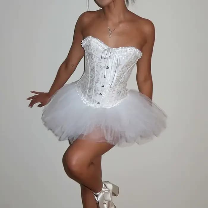 Robe Corset Bustier surbuste pour femmes, ensemble haut et jupe en dentelle florale, Costume de cygn