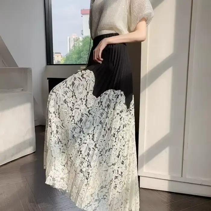 Jupe mi-longue plissée en dentelle patchwork pour femmes, nouveau style d'été, couvrant le croisemen