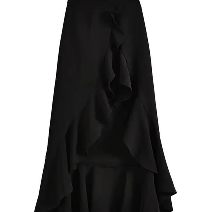 Jupe longue fendue noire taille haute à volants irréguliers et bordure feuille tridimensionnelle, no