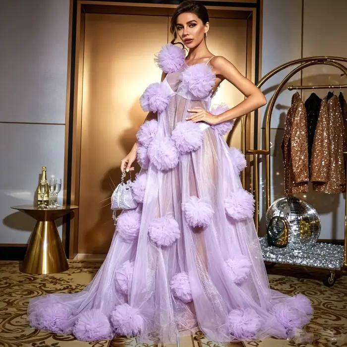 Robe de bal en tulle transparent lavande avec pompons 3D, asymétrique à une épaule, longueur ras du 