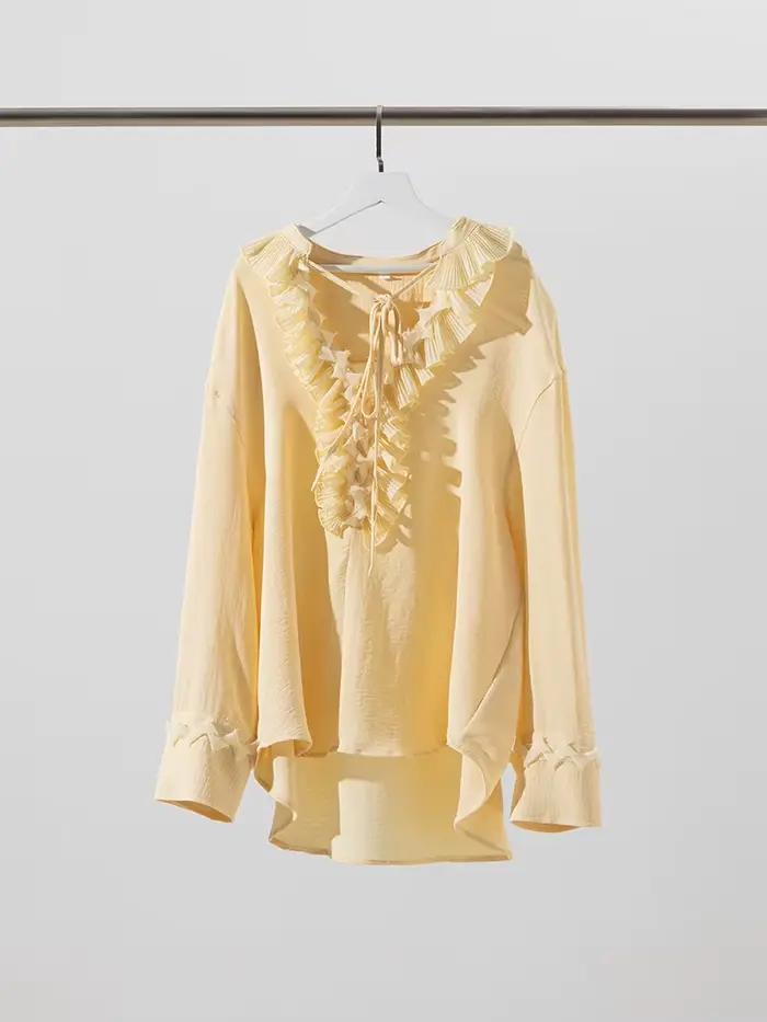 Jupes longues jaunes 2 pièces ensemble femmes à volants col en v à lacets à manches longues Blouse é