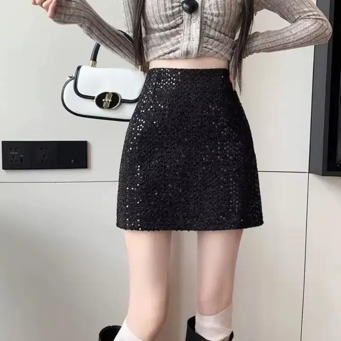 Mini-jupe à paillettes pour femme, taille haute, jupe trapèze pour soirée