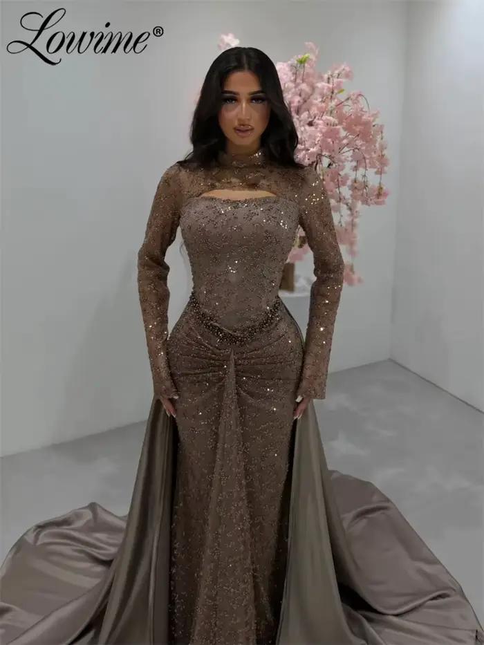 Robes de bal longues sirène marron, style arabe, ornées de perles, col montant, manches longues, rob
