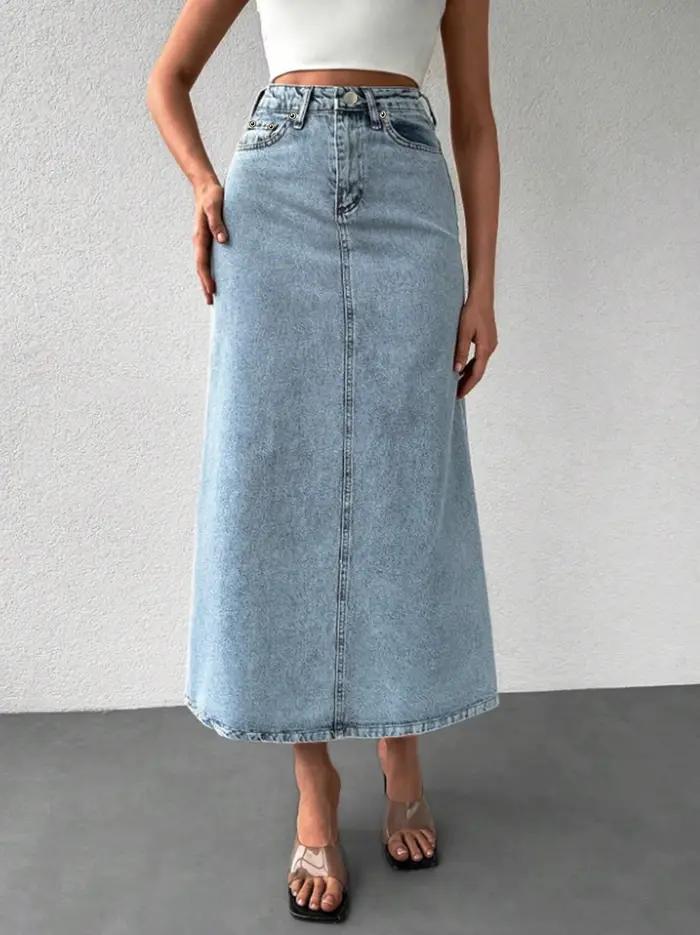 Jupe midi en jean mi-longue pour femme, avec une couleur claire délavée rétro et nostalgique, style 