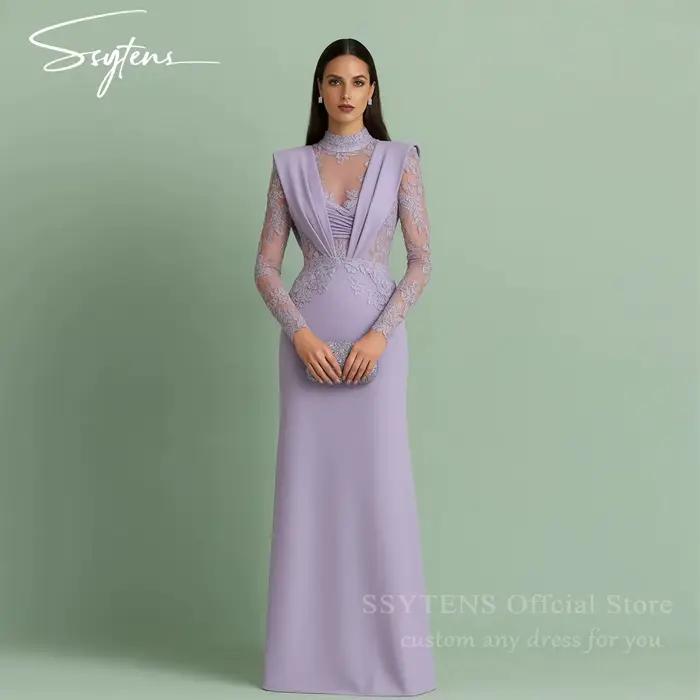 SSYTENS lavande femmes robes de bal dentelle manches longues robe de soirée formelle robes col haut 
