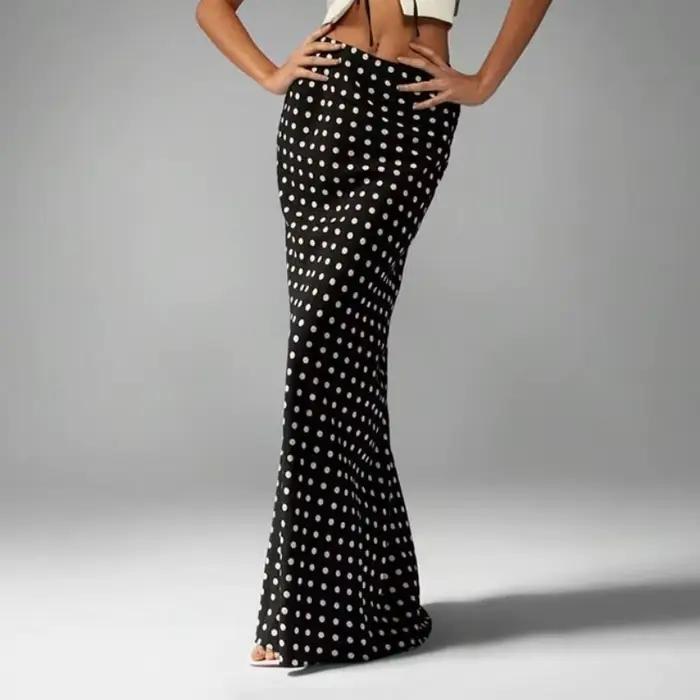 Mince Polk Dot jupe longue noir Chic élégant Vintage hanche taille haute rue Maxi jupes bureau dame 